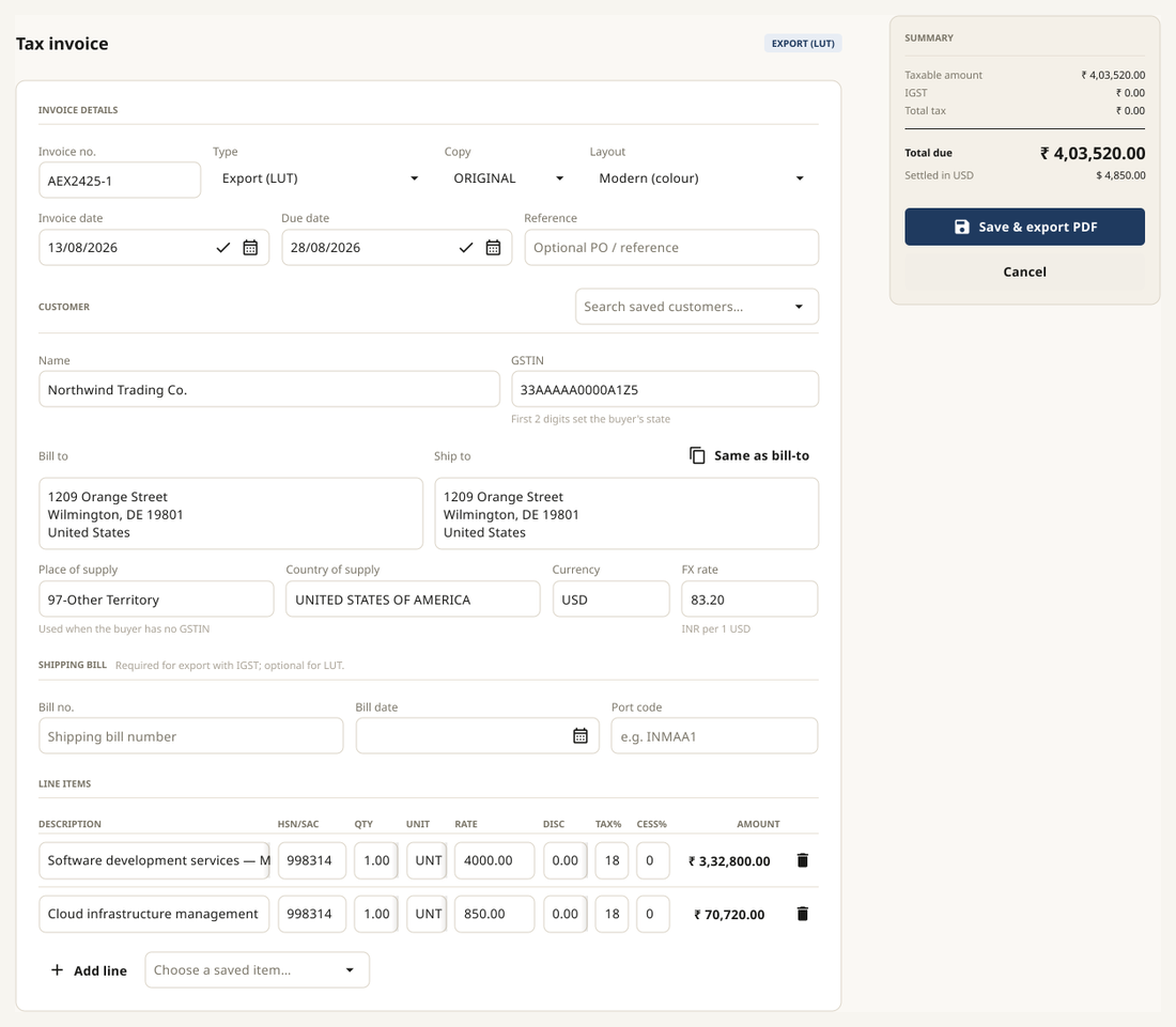 The Dock Invoice editor, a desktop GST invoicing app designed and built by Acuments